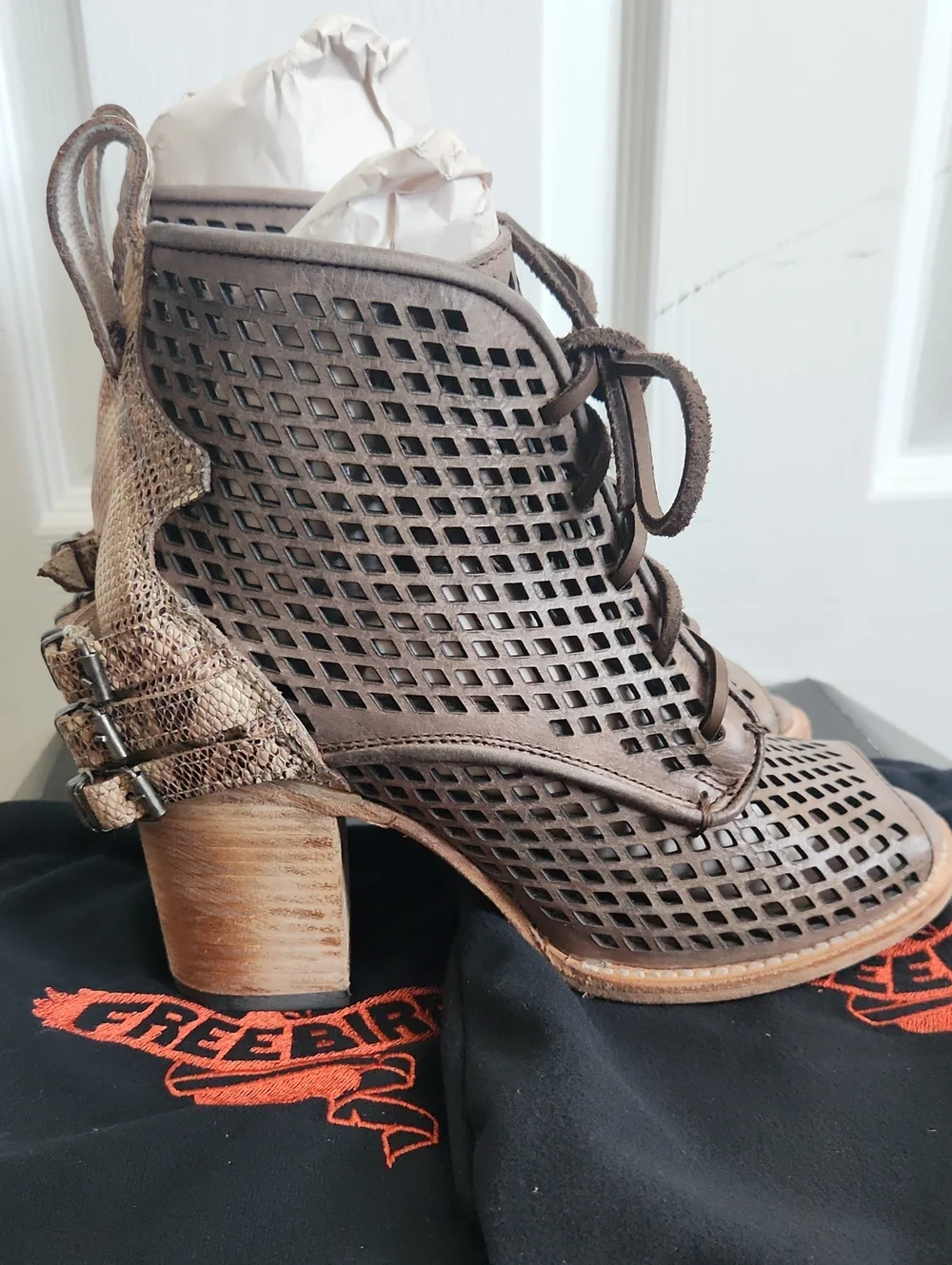 Freebird. Women's Brown Perforated Lace-Up Boots